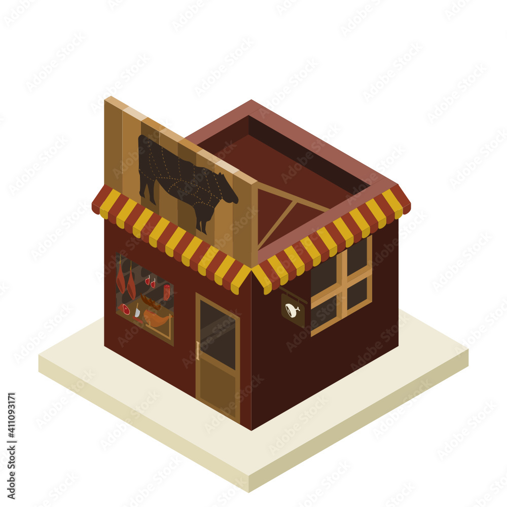 Vector isometric building shop, Meat shop