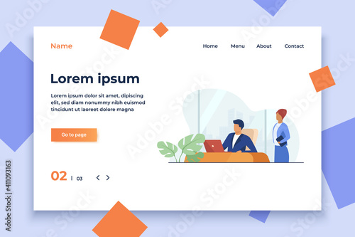 Boss instructing assistant. Office workers sitting and standing at laptop flat vector illustration. Workplace, corporate communication concept for banner, website design or landing web page