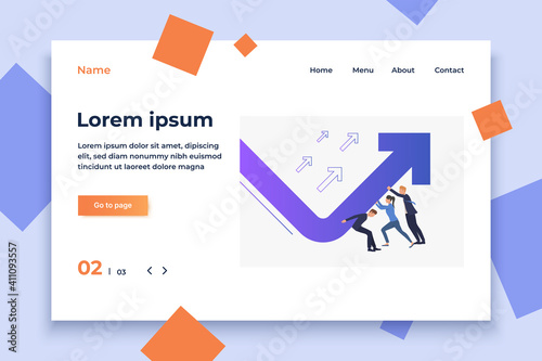 Business people pushing financial graph arrow going up. Growth, success, crisis management, teamwork concept, presentation slide template. Can be used for topics like business, finance, marketing