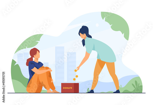 Person donating money to homeless woman. Beggar in dirty clothes asking for donation in street. Flat vector illustration. Poverty, charity, hobo concept for banner, website design or landing web page