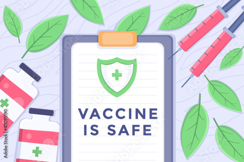 Flat illustration of Covid-19 Coronavirus Vaccine Is Safe guaranteed, Vaccine for coronavirus Covid-19 is trusted and safety, Vaccinations is guaranteed by doctor, government, and Scientist.