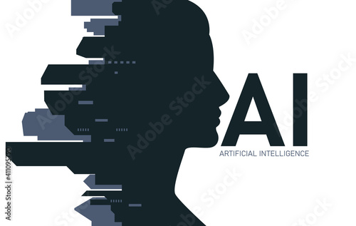 Smart City, Global AI Assistance, Automated Support, Digital Aid, Deep Learning and Future Technology Concept Design with City Skyline and Human Head