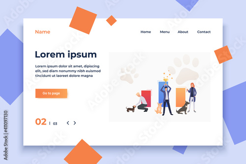 Dog owners holding trophy and celebrating victory. Winner, award, animal concept. Vector illustration can be used for topics like entertainment, competition, dog show
