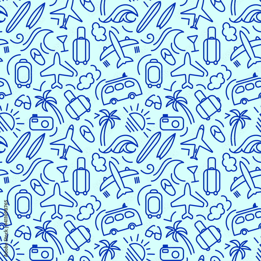 Seamless travel pattern with sun, planes, suitcases, palms, surf, waves. Vector illustration. Good for fabrics 