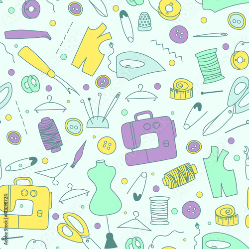 Seamless pattern with tailor sewing elements in doodle style. Vector illustration in colors. 