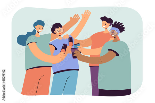 Happy diverse friends hanging out together, gathering for party, having fun, drinking alcohol, toasting cocktails, celebrating festive event. Cheers, friendship, entertainment vector illustration