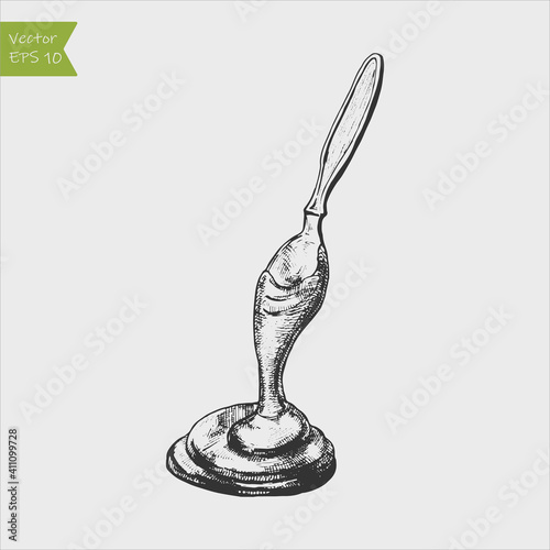 Liquid chocolate dripping from a spoon. Vector hand drawn illustration