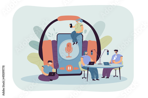 Tiny men and women listening to radio or broadcasting flat vector illustration. Cartoon people near huge smartphone with headset. Online education and podcast concept