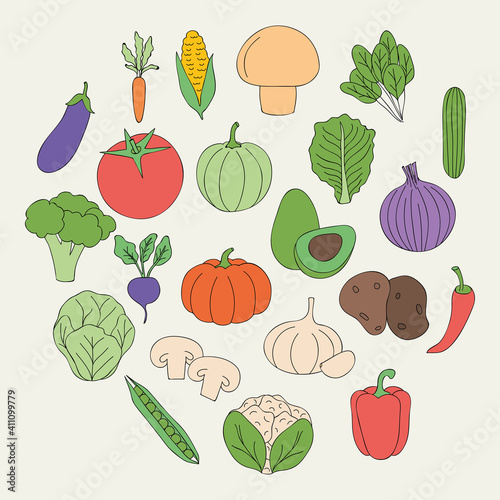 healthy vegetables icons around, flat style
