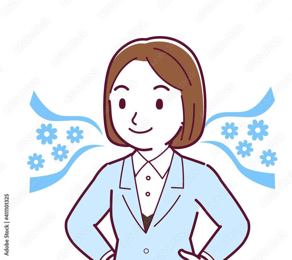 Young woman in a light blue suit