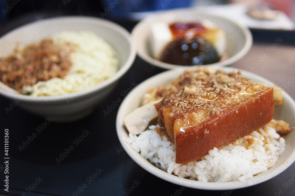 Taiwanese Braised Minced Pork Rice or Pork Belly Rice and bean curd and century egg in Taiwan Taiwanese Braised Minced Pork Rice or Pork Belly Rice and bean curd and century egg in Taiwan