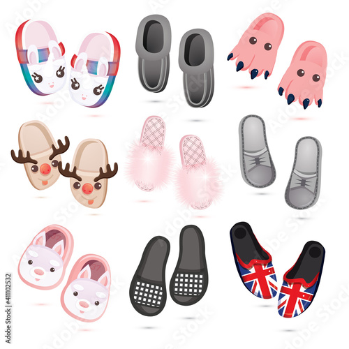 House Slippers Icon Set. Collection of Cartoon Female, Male and Children's Slippers Isolated on White.