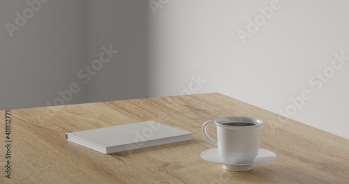 3d render coffee cup and blank book on wood table. minimal workspace. wall concept template. hot coffee in mug. cafe and resturant template.