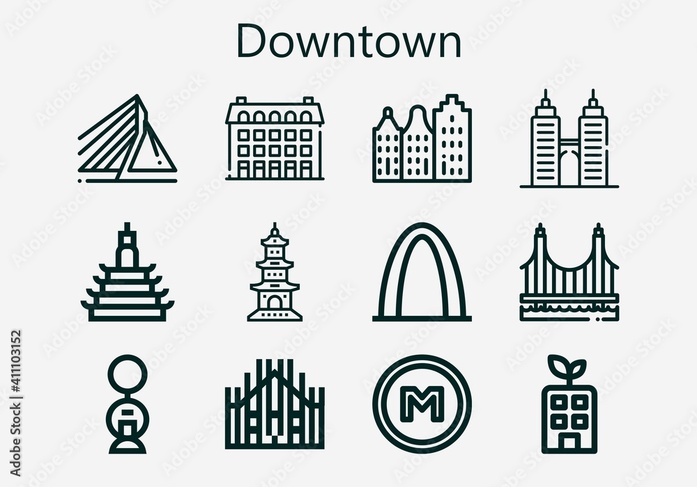 Premium set of downtown [S] icons. Simple downtown icon pack. Stroke vector illustration on a white background. Modern outline style icons collection of Building, Rotterdam, Milan, Metro