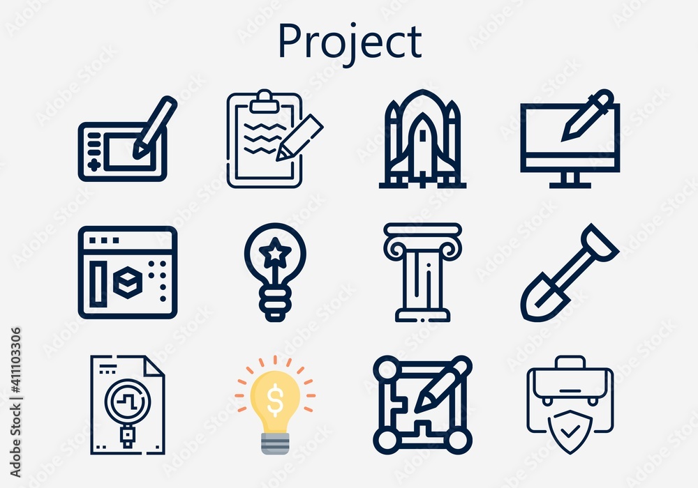 Premium set of project [S] icons. Simple project icon pack. Stroke vector illustration on a white background. Modern outline style icons collection of Graphic design, 3d modeling, Shovel, Architecture