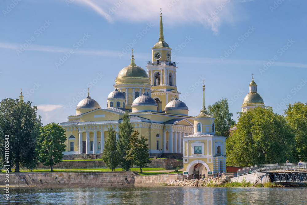 View of the Epiphany Cathedral on a sunny August day. Nilo-Stolobenskaya Desert Monastery.Tver oblast, Russia