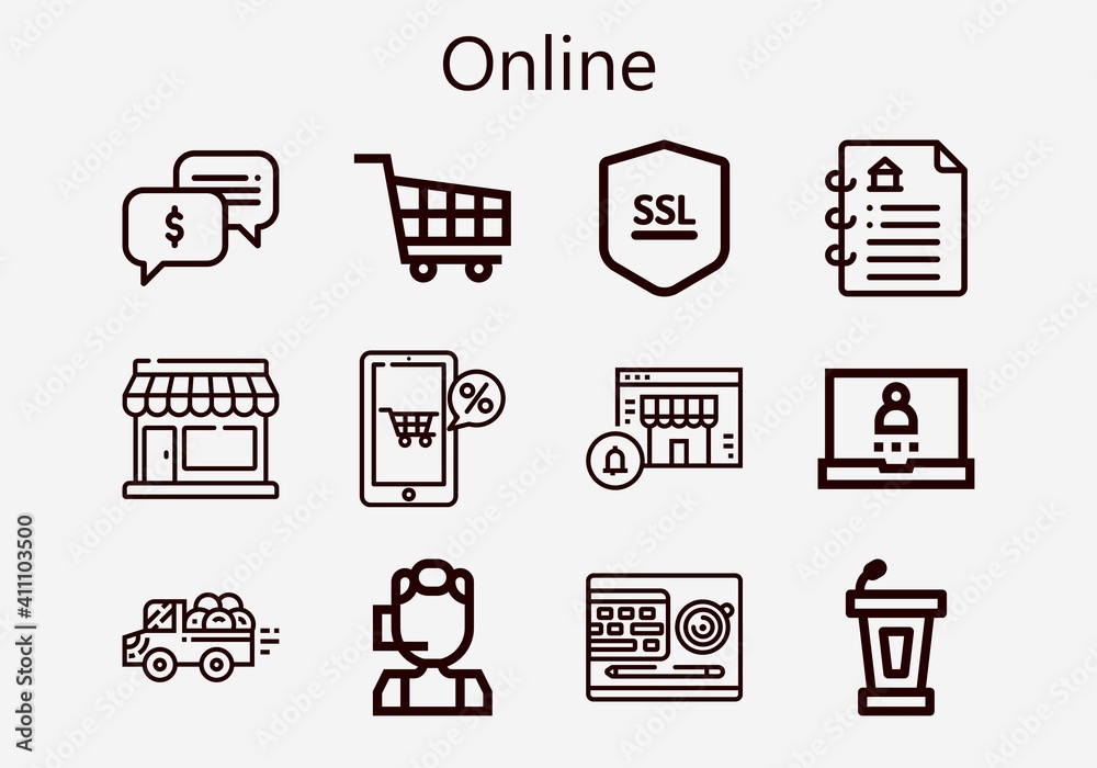 Premium set of online [S] icons. Simple online icon pack. Stroke vector illustration on a white background. Modern outline style icons collection of Call center, Shopping cart, Chat, Online shop