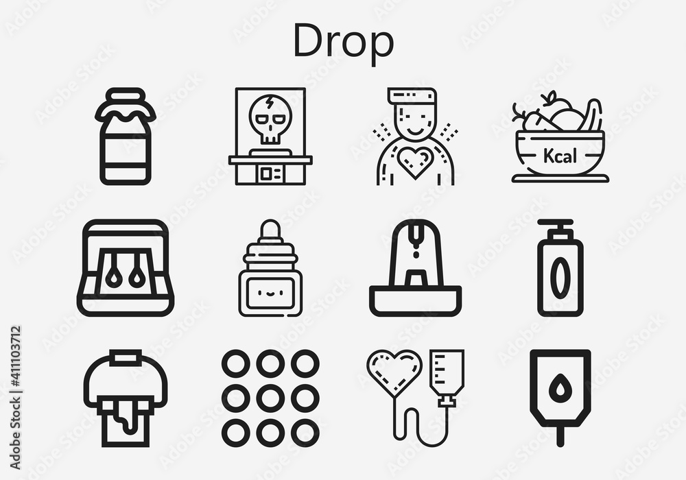 Premium set of drop [S] icons. Simple drop icon pack. Stroke vector illustration on a white background. Modern outline style icons collection of Earrings, Paint bucket, Donor, Fruit, Fountain