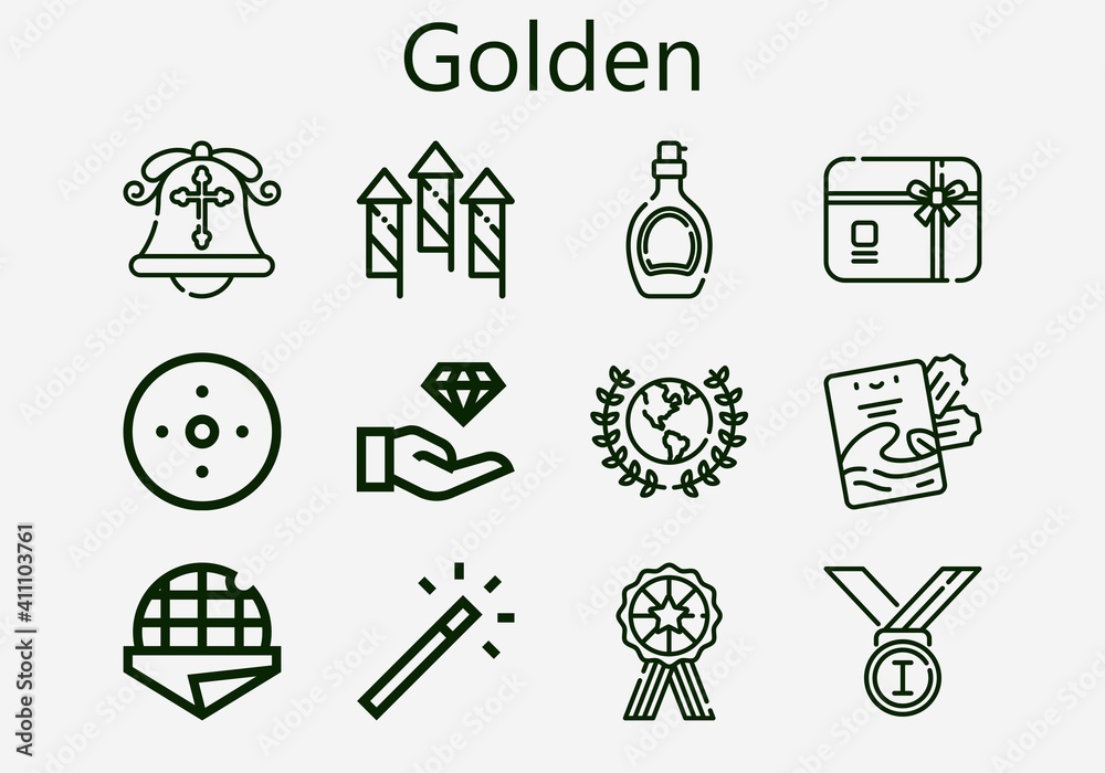 Premium set of golden [S] icons. Simple golden icon pack. Stroke vector illustration on a white background. Modern outline style icons collection of Stroopwafel, Gift card, Magic wand, Award