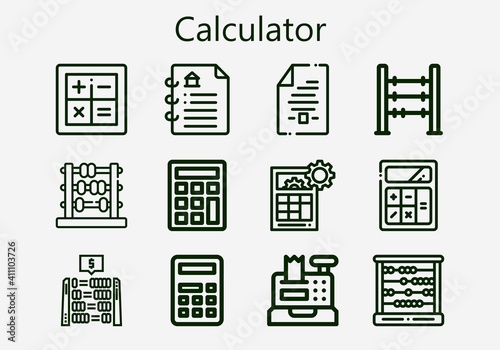 Premium set of calculator [S] icons. Simple calculator icon pack. Stroke vector illustration on a white background. Modern outline style icons collection of Cash register, Calculator, Abacus