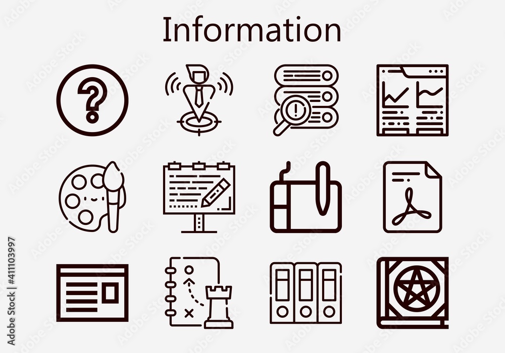Premium set of information [S] icons. Simple information icon pack. Stroke vector illustration on a white background. Modern outline style icons collection of Newspaper, Server, Book, Locate