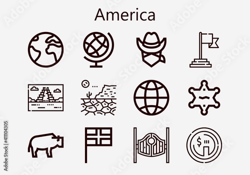 Premium set of america [S] icons. Simple america icon pack. Stroke vector illustration on a white background. Modern outline style icons collection of Earth, Dollar, Globe, Sheriff, Mayan pyramid photo