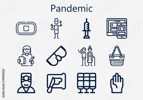 Premium set of pandemic [S] icons. Simple pandemic icon pack. Stroke vector illustration on a white background. Modern outline style icons collection of Hand bag, Responsive, Seat, Goggles photo