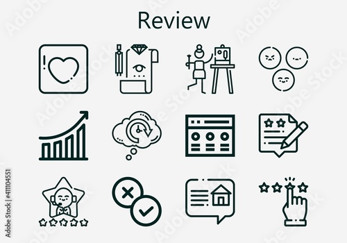 Premium set of review [S] icons. Simple review icon pack. Stroke vector illustration on a white background. Modern outline style icons collection of Precognition, Rate, Rating, Satisfaction, Badoo photo