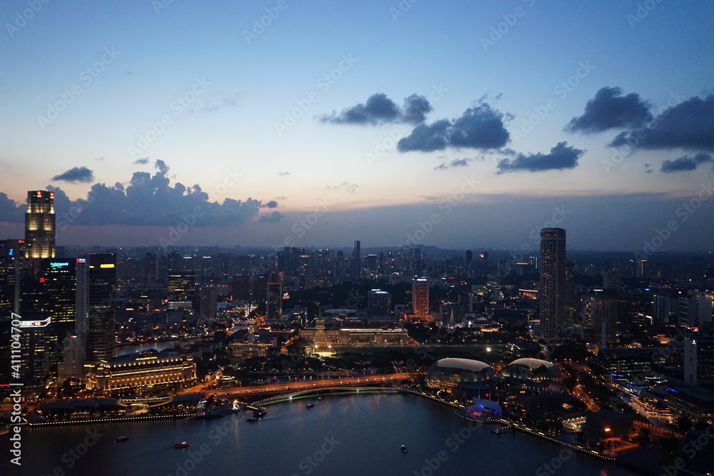 Aerial view of Skyscraper and Marina Bay area at night in Singapore - シンガポール マリーナベイ エリア 夜景