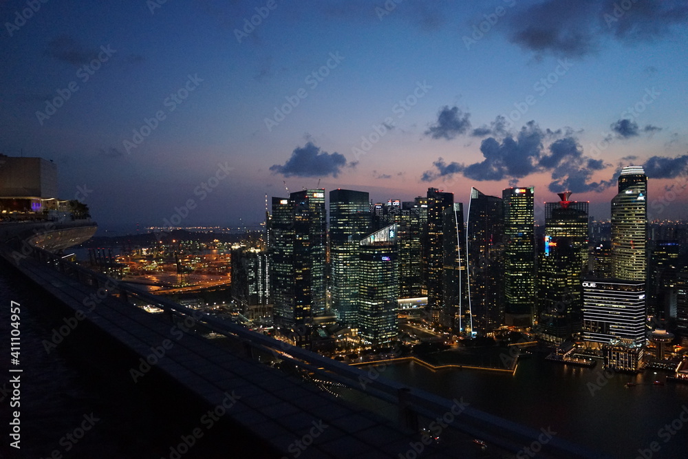 Fototapeta premium Aerial view of Skyscraper and Marina Bay area at night from infinity pool in Singapore - シンガポール マリーナベイ エリア インフィニティプールからの眺め 夜景