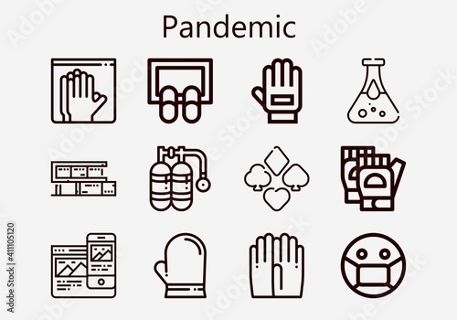 Premium set of pandemic [S] icons. Simple pandemic icon pack. Stroke vector illustration on a white background. Modern outline style icons collection of Doormat, Responsive, Glove, Oxygen photo