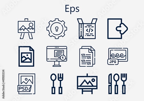 Premium set of eps [S] icons. Simple eps icon pack. Stroke vector illustration on a white background. Modern outline style icons collection of Jpg, Coding, Canvas, Logout, Psd file, Jpeg photo