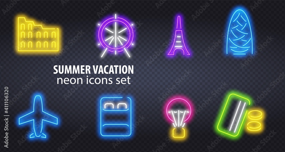 Summer Travel Neon Icons. Vector Illustration of Vacation Promotion. flight, passport, and sightseeing icons