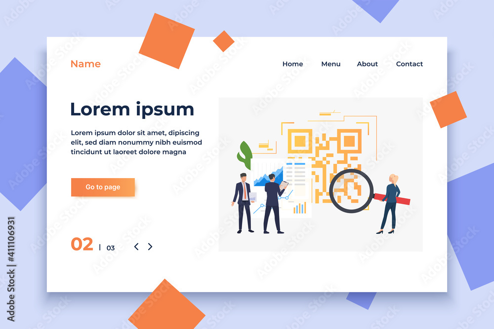 Vetor de Business people analyzing financial data and big QR code ...