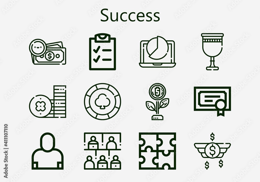 Premium set of success [S] icons. Simple success icon pack. Stroke vector illustration on a white background. Modern outline style icons collection of Salesman, Money, Coin, Puzzle, Goblet