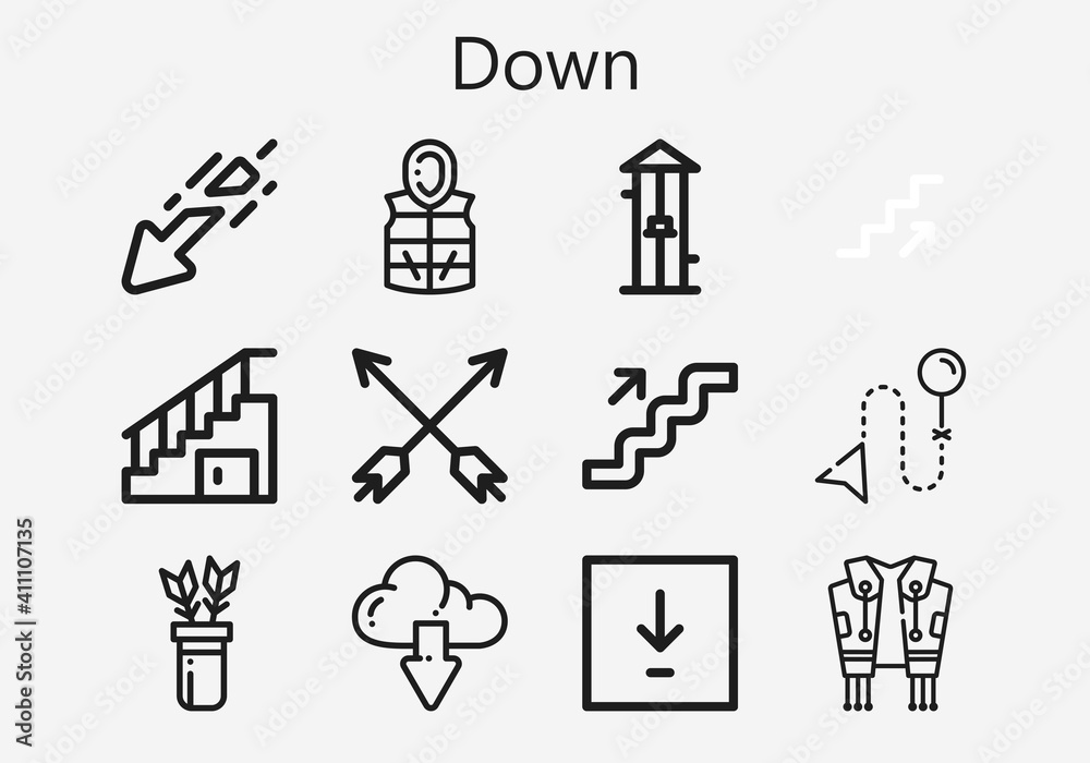 Premium set of down [S] icons. Simple down icon pack. Stroke vector illustration on a white background. Modern outline style icons collection of Jacket, Free fall, Stairs, Arrows, Download, Direction