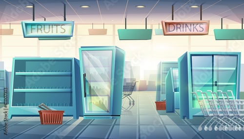 Vector cartoon style flat supermarket with vending machines, shelves with food and drinks, shopping cart and basket.