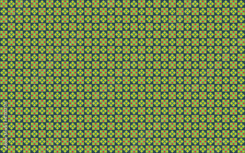 Geometric seamless pattern with diamond and square shape in kiwi green, sulphur yellow and red color on spruce blue background. Vector illustration. For printing on fabric or wallpaper.