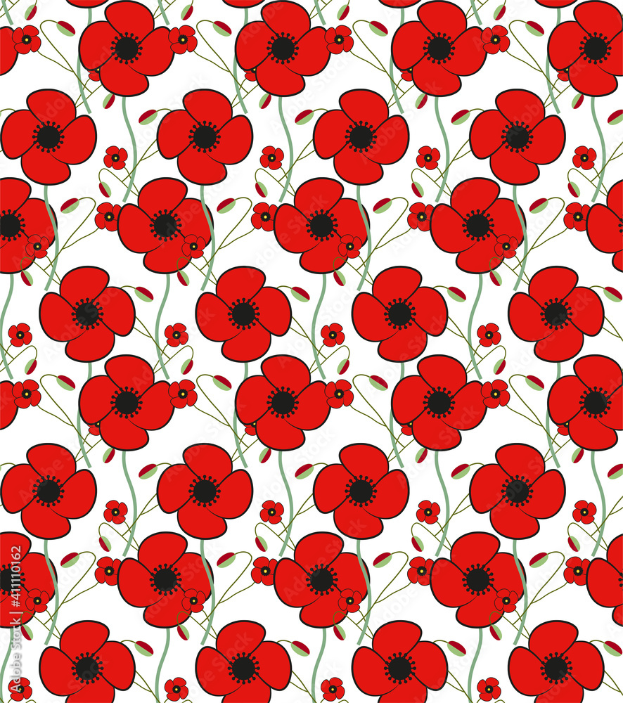 Red Poppy Flower seamless vector pattern floral background. Perfect for greeting, cards, invitations, wallpaper, wrapping paper, textile, web Red Poppy Flower seamless vector pattern floral background. Perfect for greeting, cards, invitations, wallpaper, wrapping paper, textile, web