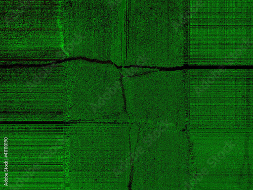 Green background with striking dark and light accents.