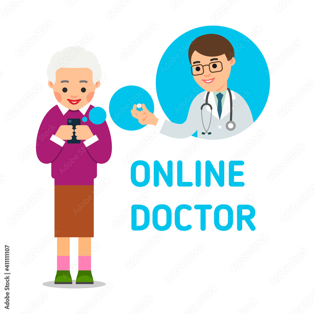 An elderly woman calls up a doctor. A young doctor advises the patient the medicine on the phone. Health care and modern communication technology concept. Flat illustration on white background An elderly woman calls up a doctor. A young doctor advises the patient the medicine on the phone. Health care and modern communication technology concept. Flat illustration on white background
