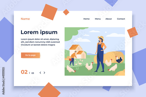 Farmers working on chicken farm isolated flat vector illustration. Cartoon woman and man breeding poultry. Agriculture and domestic birds production concept