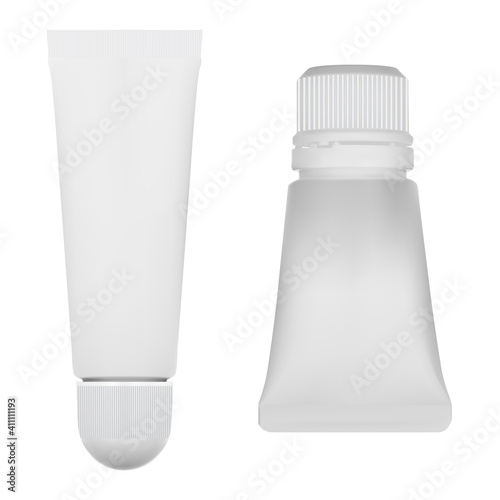Lip balm tube. Cosmetic tube mockup blank, lipstick packaging. Isolated white plastic package 3d vector template. Eye or face creme tube with round screw cap. Body or hand lotion bottle