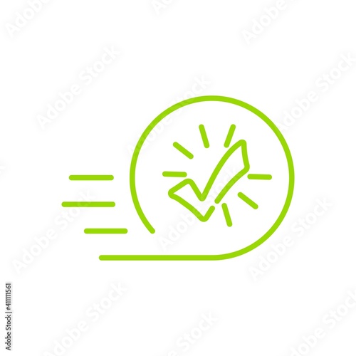 Speed and check mark. Fast decision. Vector linear icon isolated on white background.