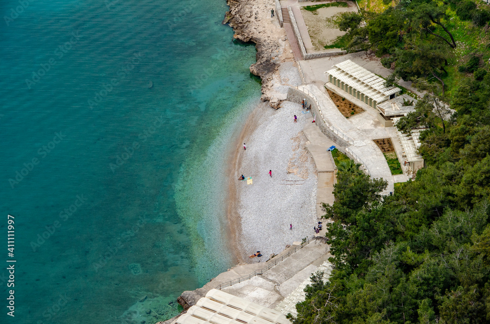 Aerial view of a beautiful beach with turquoise sea. Mediterranean sea, Nafplio, Greece