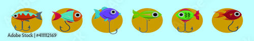 Set of fly fishing flies cartoon icon design template with various models. vector illustration isolated on blue background