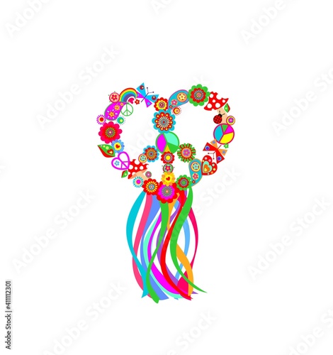 Colorful hippie peace symbol in heart shape with flower-power, fly agaric, paisley, butterflies, rainbow and colorful ribbons for t-shirt, bag design, fashion print