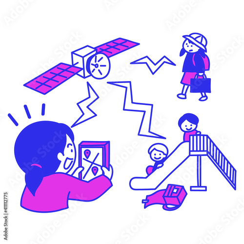 GPSアプリを使って子供の居場所を確認するお母さんのイラスト