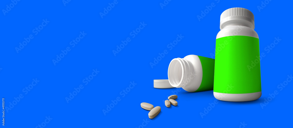 Jar with medical capsules,tablets,pills,gels or candy. 3D rendering. suitable for your design element. isolated on blue background.