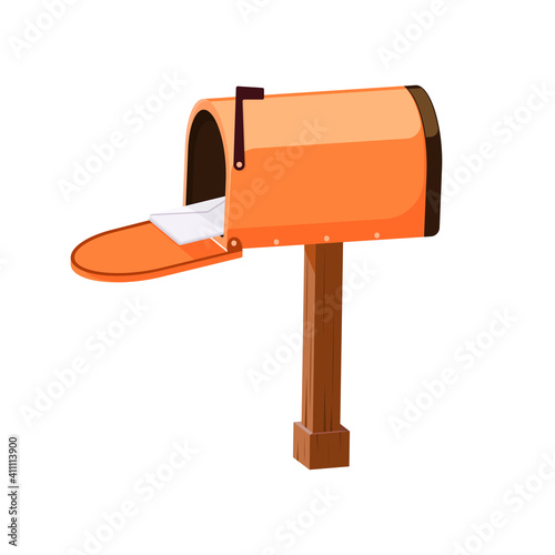 orange mailbox. some letters in it. and wooden poles as a support. white background vector illustration